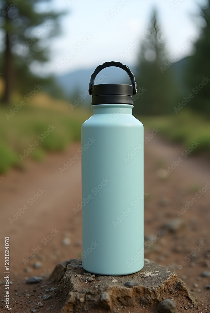 MOCKUP - plain water bottle on a hiking trail with a blank space for branding MOCKUP - plain water bottle on a hiking trail with a blank space for branding