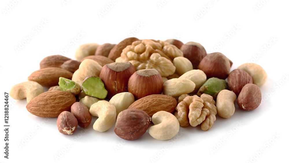 Assorted nuts piled together on a clean white background Assorted nuts piled together on a clean white background