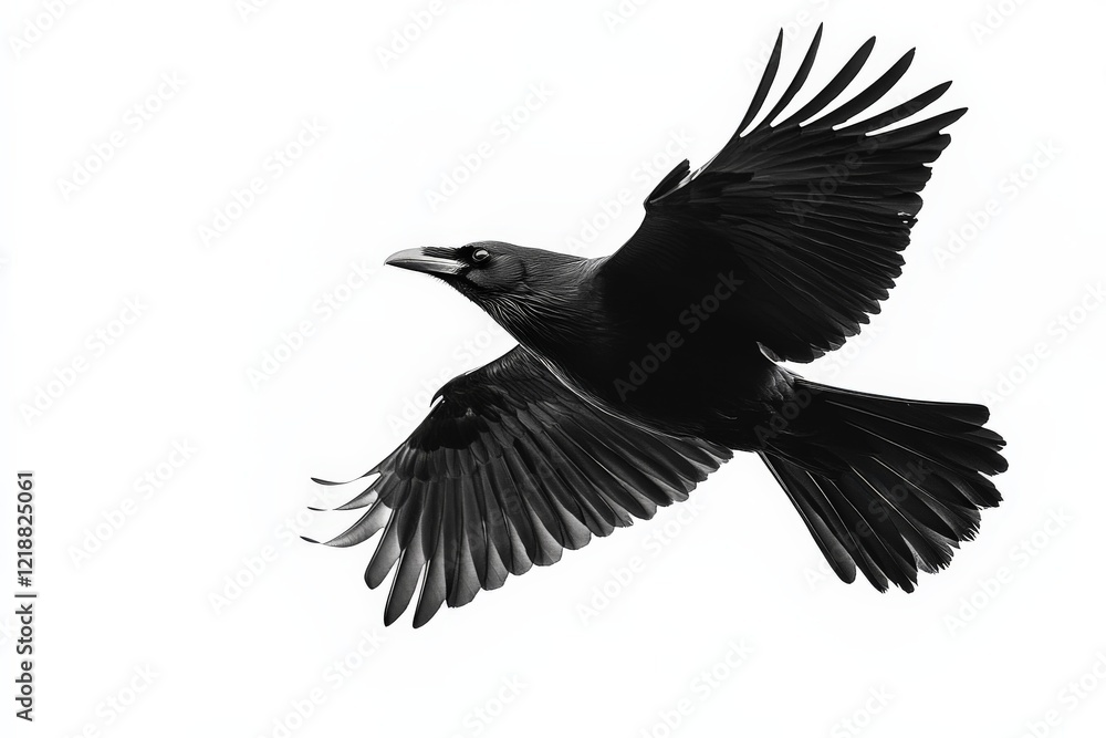Obraz premium Black bird in flight against a white background with outstretched wings and a sharp silhouette