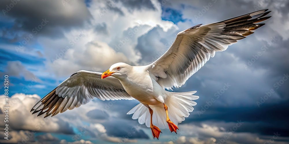 Obraz premium A majestic seagull soars, wings outstretched, against a coastal sky.
