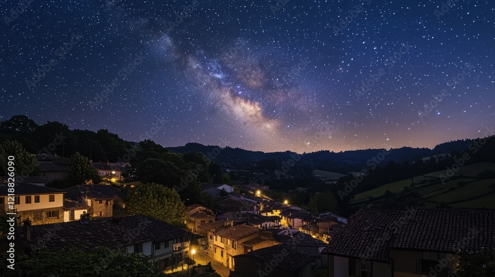 Stars twinkle brightly in the night sky above a peaceful village nestled in hills. Soft lights from houses create a cozy atmosphere as the Milky Way shines vividly Stars twinkle brightly in the night sky above a peaceful village nestled in hills. Soft lights from houses create a cozy atmosphere as the Milky Way shines vividly