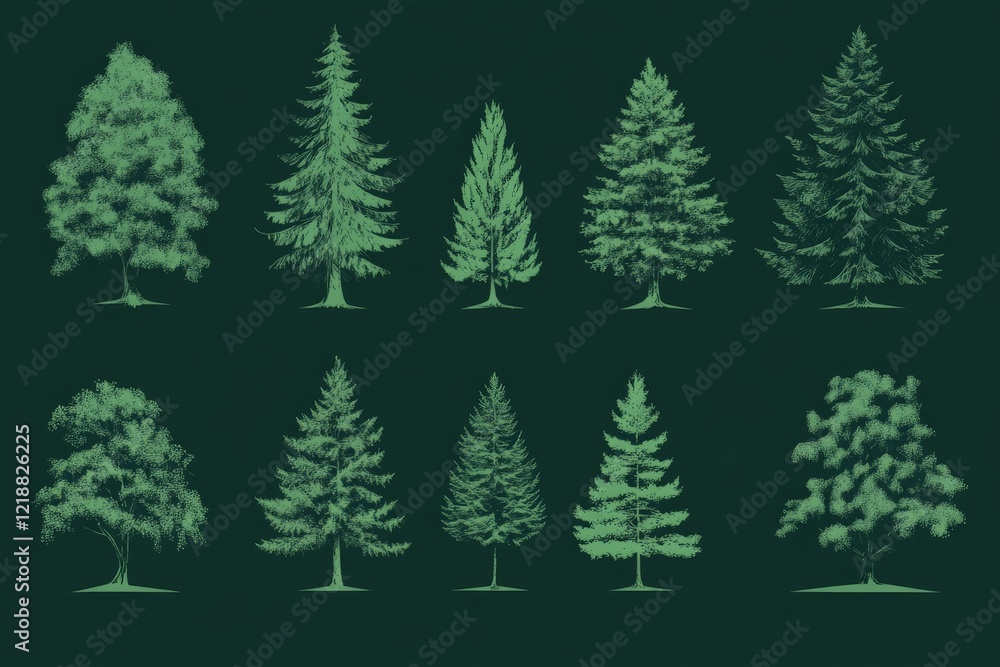 Fototapeta premium Variety of evergreen and deciduous trees illustrated on a dark background showcasing diverse foliage styles