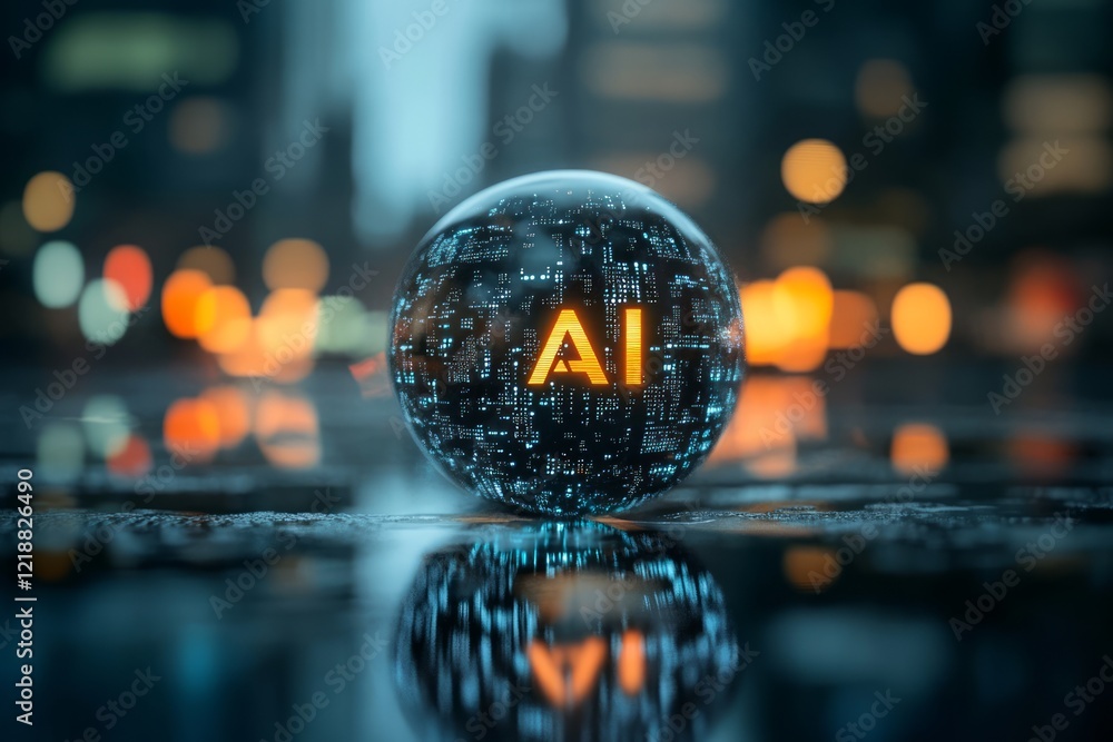 Futuristic orb with glowing artificial intelligence logo is reflecting on a wet pavement at night in a cyberpunk style cityscape, symbolizing the future of technology