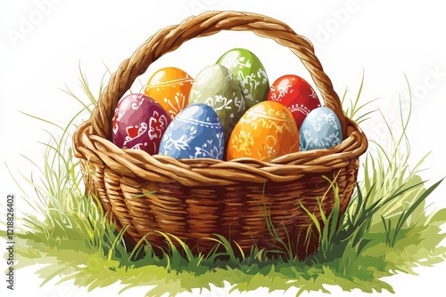 Colorful easter eggs in a woven basket resting on green grass during springtime photo