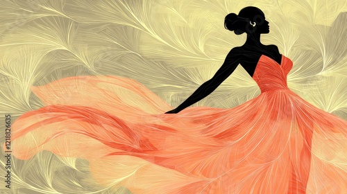 Elegant Silhouette in Flowing Orange Dress on Artistic Feather Background