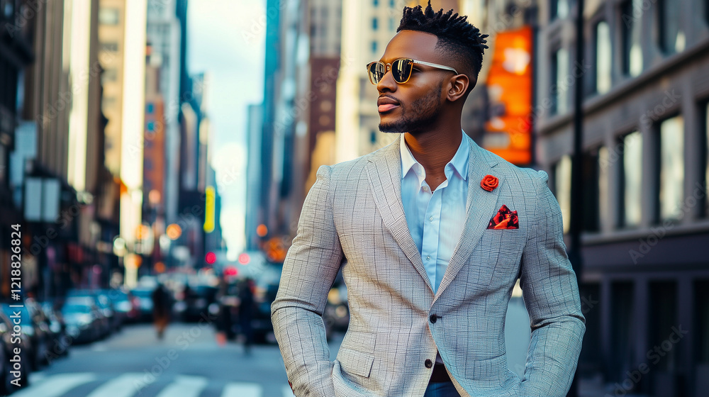 Obraz premium A stylish African American man in a tailored suit with a vibrant pocket square, walking confidently through a bustling city street