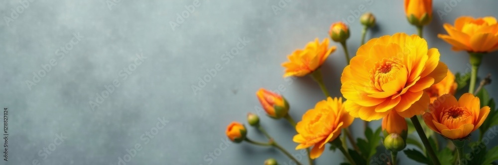 Gray background with bright yellow orange ranunculus, floral, spring Gray background with bright yellow orange ranunculus, floral, spring