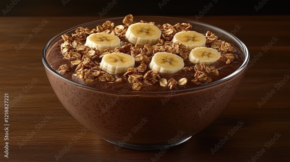 Chocolate Smoothie Bowl with Granola and Banana Slices on Wooden Table