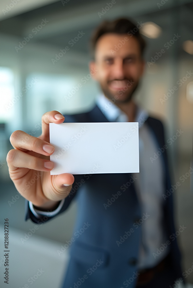 MOCKUP - blank business card held by a professional against a blurred office background MOCKUP - blank business card held by a professional against a blurred office background