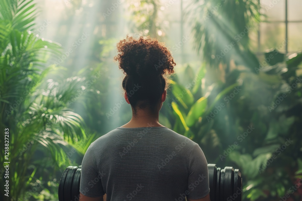 Woman with curly hair tied up is lifting weights in a gym filled with lush green plants, promoting a connection with nature during exercise