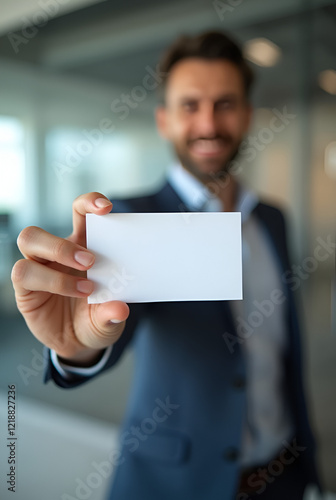 MOCKUP - blank business card held by a professional against a blurred office background