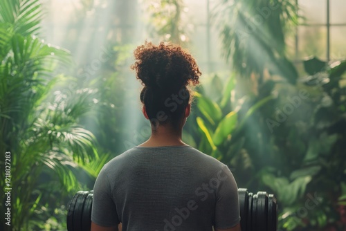 Obraz na płótnie Woman with curly hair tied up is lifting weights in a gym filled with lush green plants, promoting a connection with nature during exercise w salonie