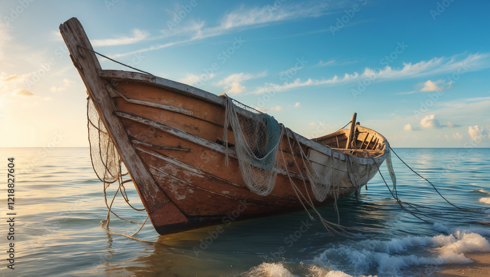 Sunrise Serenity Old Wooden Fishing Boat at Sea Shore Sunrise Serenity Old Wooden Fishing Boat at Sea Shore