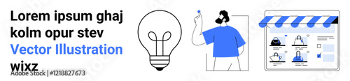 Light bulb, person drawing, and a website with storefront elements. Ideal for creativity, design, eCommerce, online store setup, brainstorming, innovation digital marketing and web development