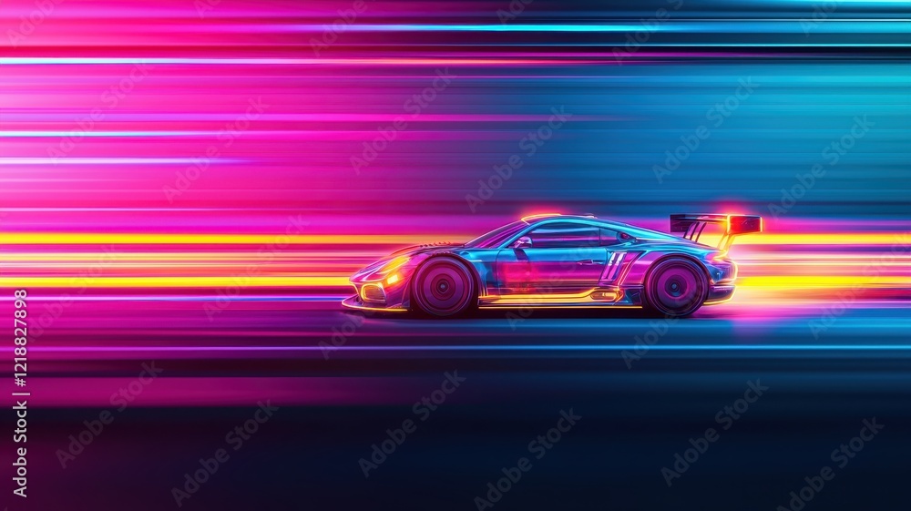 Futuristic Sports Car Speeding on Neon Highway Night Drive Colorful Lights Futuristic Sports Car Speeding on Neon Highway Night Drive Colorful Lights