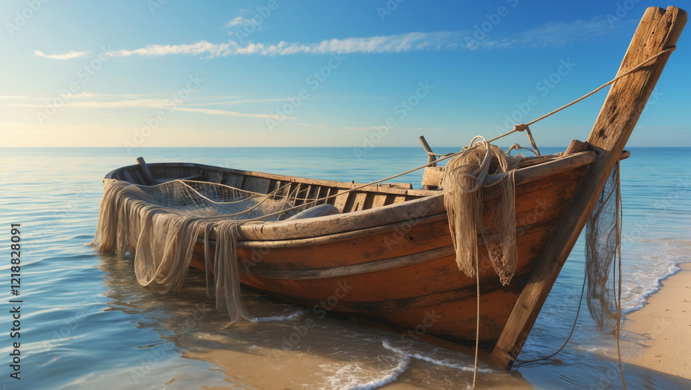 Sunrise Serenity Old Wooden Fishing Boat at Sea Shore Sunrise Serenity Old Wooden Fishing Boat at Sea Shore