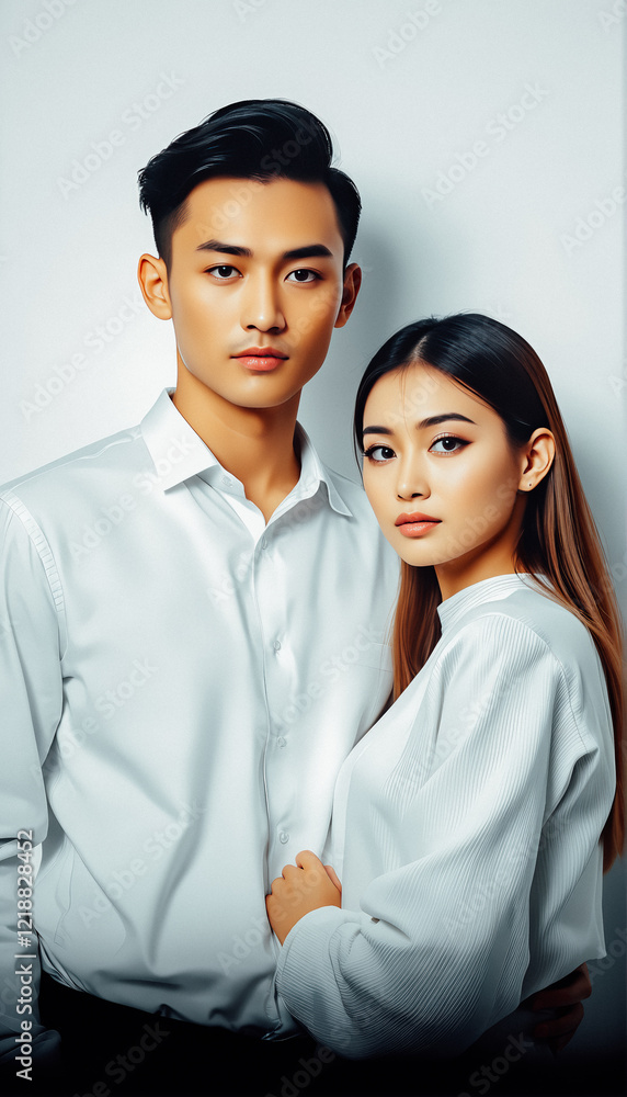 A joyful couple in white attire, radiating love and happiness, captured against a minimalist soft white background. A joyful couple in white attire, radiating love and happiness, captured against a minimalist soft white background.