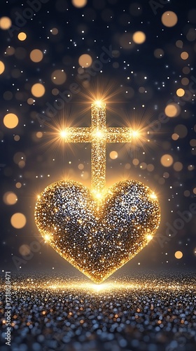 whimsical pastel cross crucifix god love Glittering heart and cross symbol on sparkling background.