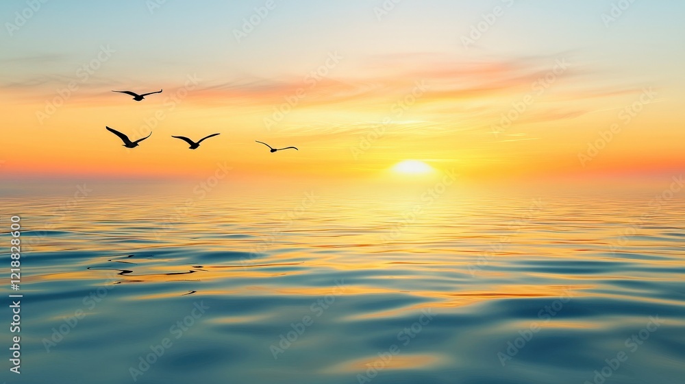 Fototapeta premium A tranquil ocean view at dawn, soft ripples in the water reflecting the first light of day, with mist rising from the surface and a few birds flying overhead.