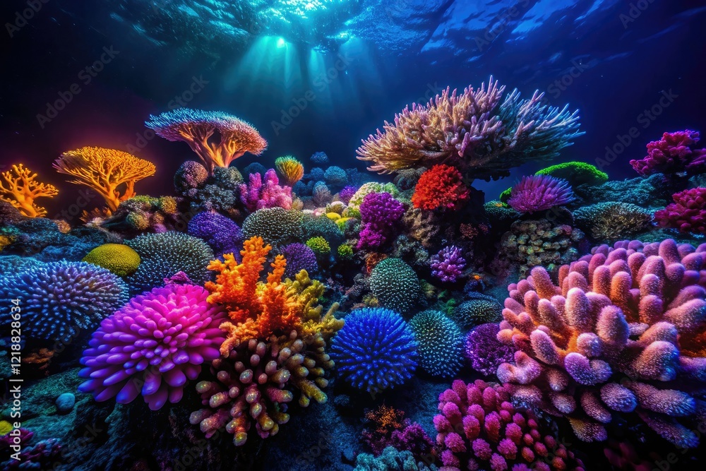 Fototapeta premium Breathtaking night dive reveals bioluminescent ocean wonders, deep-sea coral polyps glowing in the dark.