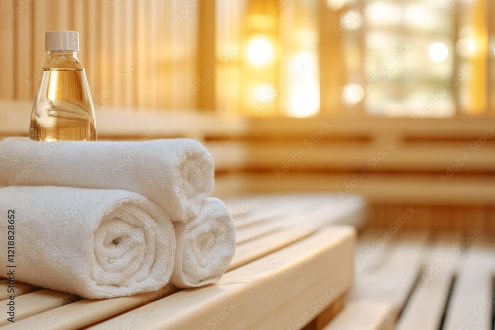 Rolled white towels and a bottle of essential oil sit on a wooden bench in a sauna, sunlight streaming through the window in the background creating a warm and inviting atmosphere