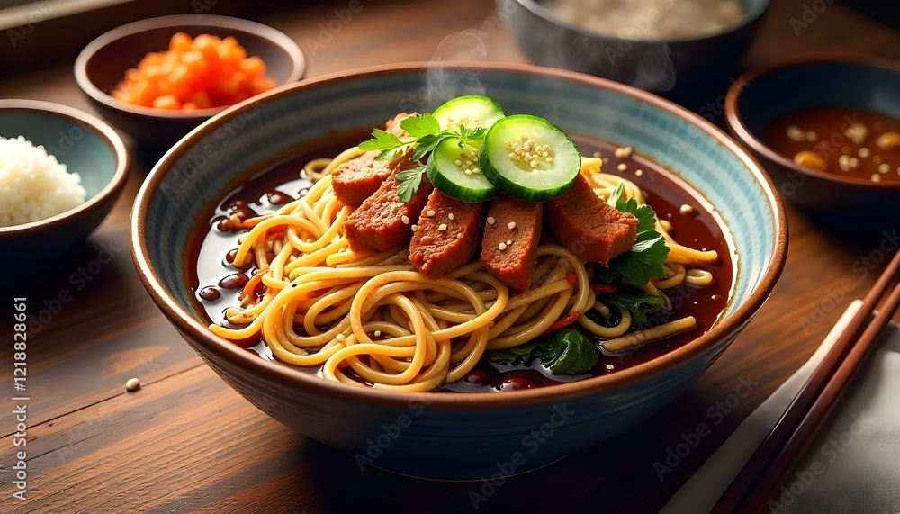 Steaming bowl of jajangmyeon with crispy pork and savory black bean sauce Steaming bowl of jajangmyeon with crispy pork and savory black bean sauce