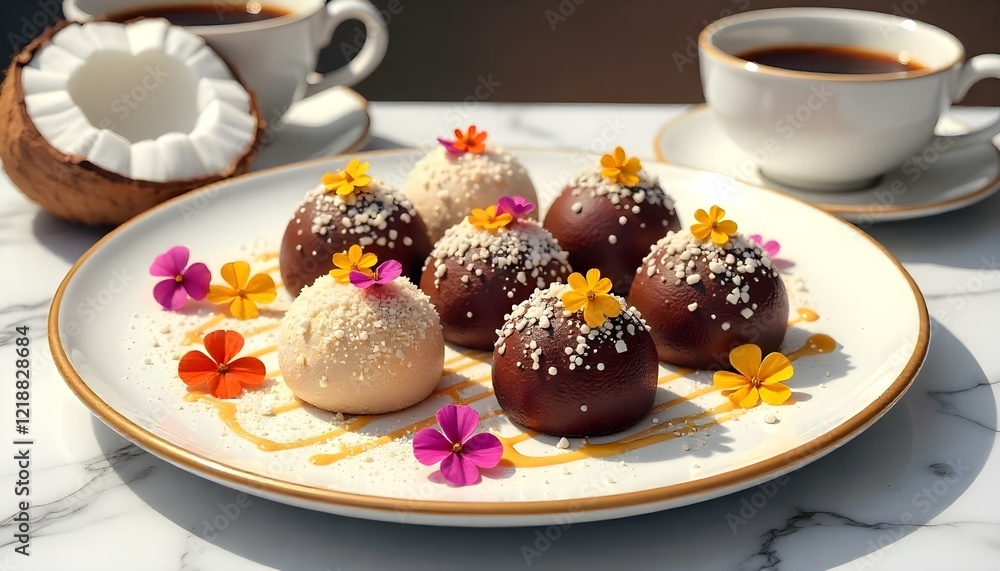 A delightful plate of beijinho truffles, generously topped with coconut sprinkles A delightful plate of beijinho truffles, generously topped with coconut sprinkles