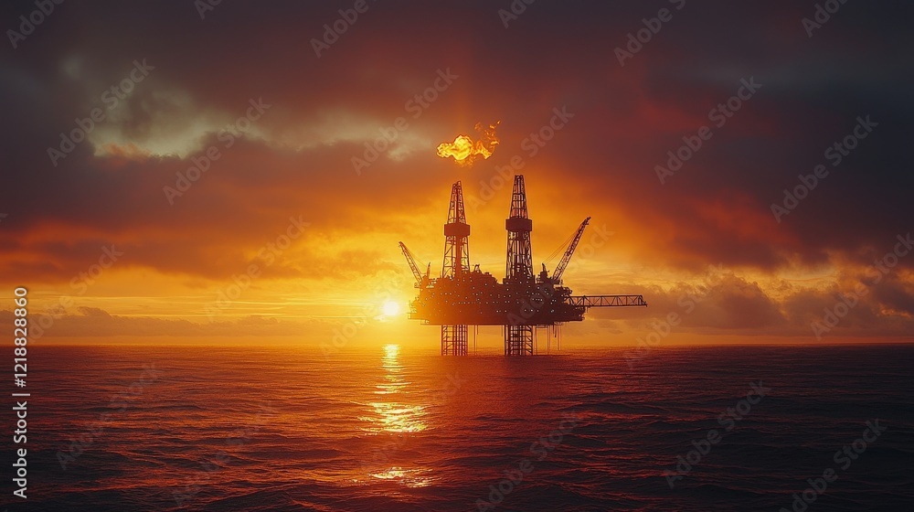 Sunset View of Oil Rig with Flames Above Ocean Waves and Clouds Sunset View of Oil Rig with Flames Above Ocean Waves and Clouds