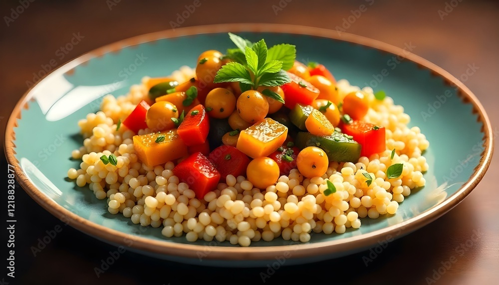 A festive family style serving of couscous, presented on a large decorative platter A festive family style serving of couscous, presented on a large decorative platter