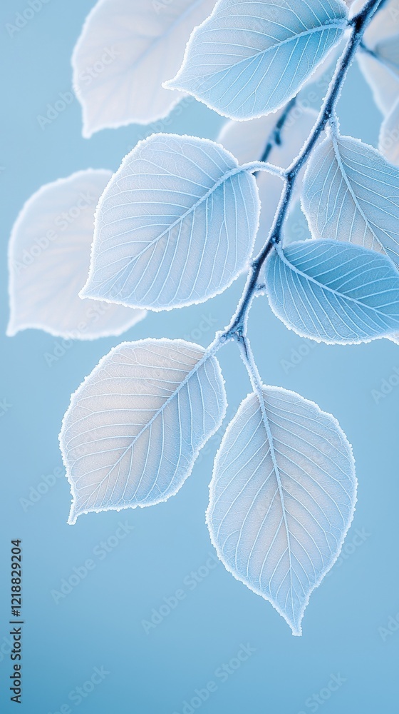 Obraz premium Frost-covered leaves displaying icy textures winter wonderland nature crisp environment close-up refreshing mood