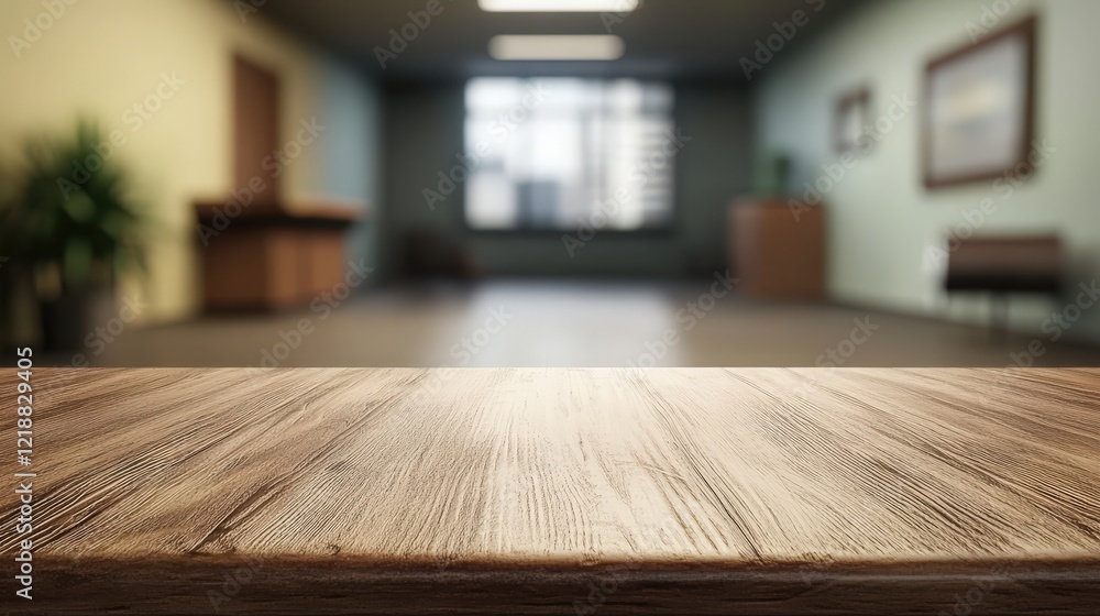 Empty Wooden Desk in a Modern Office Setting with Soft Focus Background and Blurred Furniture for Professional Workspace Visuals Empty Wooden Desk in a Modern Office Setting with Soft Focus Background and Blurred Furniture for Professional Workspace Visuals