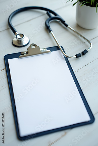 MOCKUP - blank clipboard on a doctors desk with medical equipment arounds