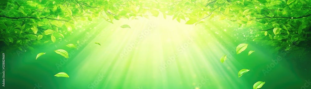 Naklejka premium Sunlight through leaves, nature scene, green background, eco design