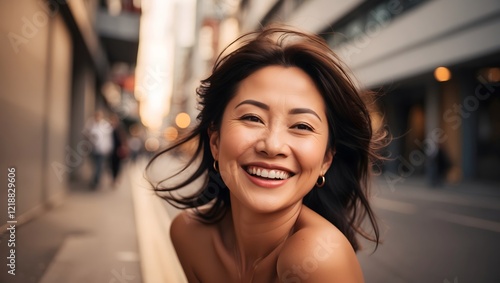A warm and vibrant artistic portrait in a low-angle street photography style, capturing a smiling Asian woman from below, emphasizing her joyful expression and confident demeanor, set against a blurre Free Download A warm and vibrant artistic portrait in a low-angle street photography style, capturing a smiling Asian woman from below, emphasizing her joyful expression and confident demeanor, set against a blurre - GFXLoad