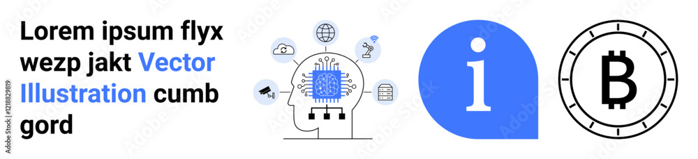 Brain with microchip and icons, information symbol, Bitcoin symbol, text with blue word. Ideal for AI, tech, cryptocurrency, information, machine learning, blockchain, digital content. Landing page Brain with microchip and icons, information symbol, Bitcoin symbol, text with blue word. Ideal for AI, tech, cryptocurrency, information, machine learning, blockchain, digital content. Landing page