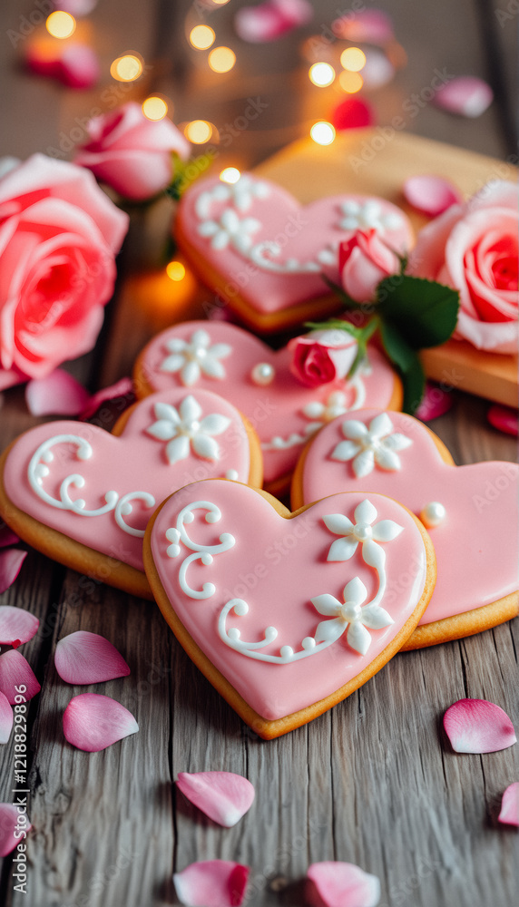 Freshly baked pink heart-shaped cookies with white sprinkles cooling on a rack, surrounded by delicate flowers. Freshly baked pink heart-shaped cookies with white sprinkles cooling on a rack, surrounded by delicate flowers.