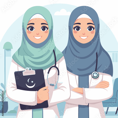 Flat design of a happy Muslim female doctor standing with a clipboard 019