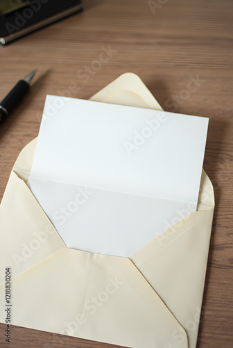 MOCKUP - blank envelope on a desk with a letter ready to be inserted