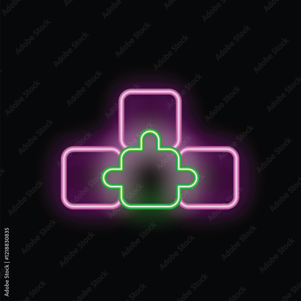 Neon puzzle piece completing three square shapes on black background Neon puzzle piece completing three square shapes on black background