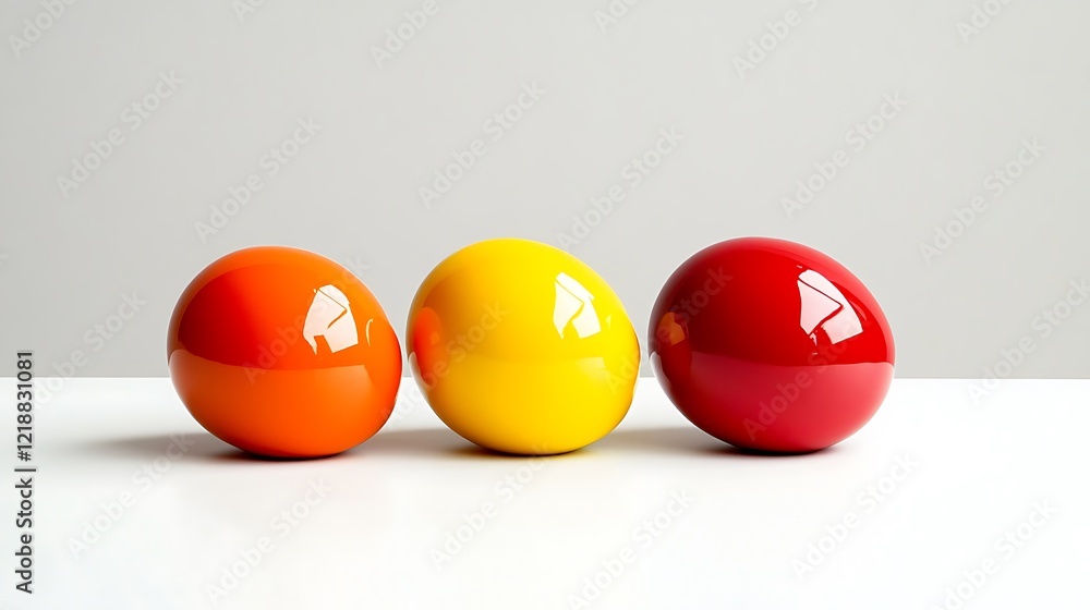 Three glossy eggs in red yellow and orange hues Three glossy eggs in red yellow and orange hues