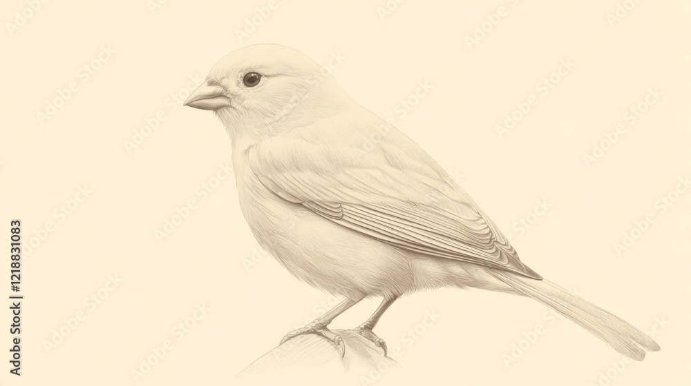 Obraz premium Sepia drawing of a small, pale bird perched.