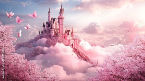 A magical pink castle sits atop a cloud surrounded by blooming cherry blossom trees with fluffy white clouds in the sky