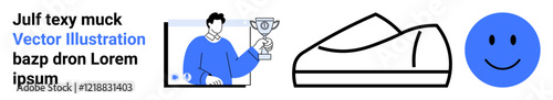 Person holding a trophy, minimalistic shoe sketch, blue smiling face. Ideal for recognition, achievement, celebration, footwear, simplicity, happiness, and positivity. Landing page