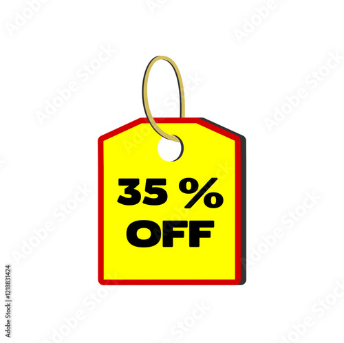 35% off yellow tag with red border, beige cord and white background