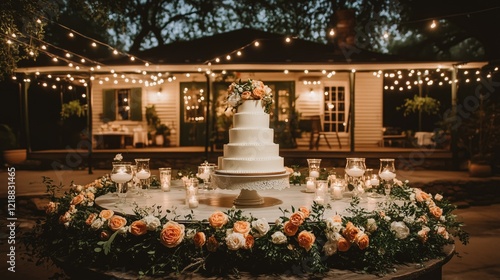 Wedding reception with a dance floor, cake, and flowers - generated AI