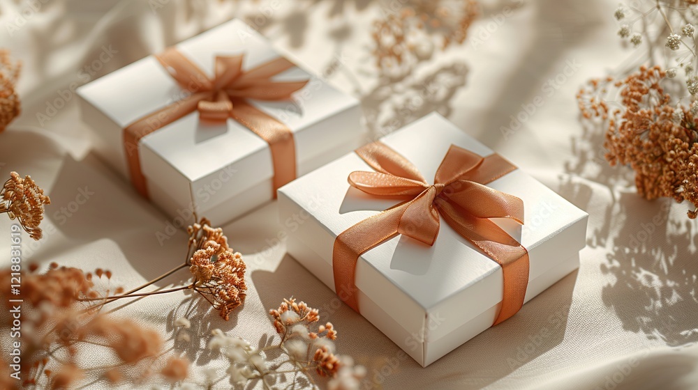 two white boxes with brown ribbon and brown flowers two white boxes with brown ribbon and brown flowers