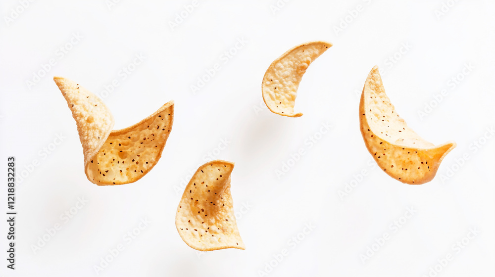 Fototapeta premium Crispy Tortilla Chips Falling White Background Food Photography Delicious Snack diet meal tasty 