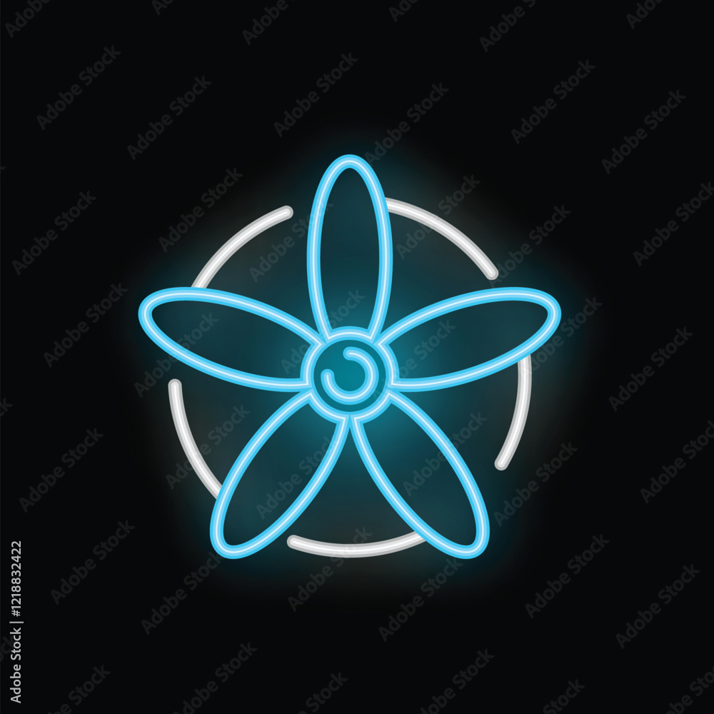 Blue neon flower glowing inside white circle on black background, concept of decoration or nightclub Blue neon flower glowing inside white circle on black background, concept of decoration or nightclub
