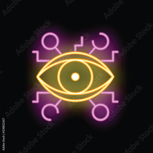 Neon sign showing an eye with network connections symbolizing concepts such as artificial intelligence, big brother, computer vision and cyber security
