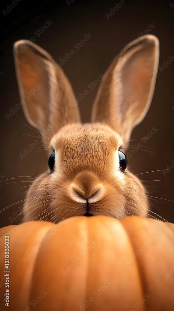 Fototapeta premium A bunny peeking out from behind a pumpkin, its nose twitching adorably.